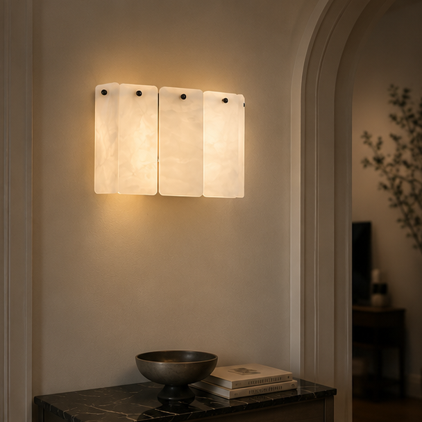 RoyaleGlow Modern Alabaster Wall Sconce - Luxury Layered Stone LED Light for Living Room