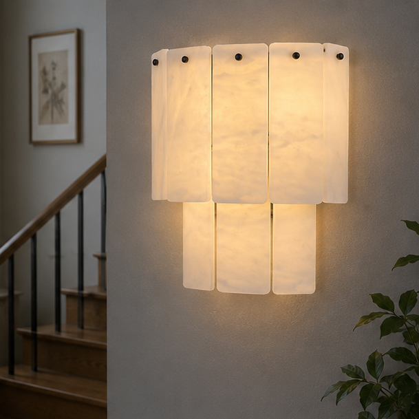 RoyaleGlow Modern Alabaster Wall Sconce - Luxury Layered Stone LED Light for Living Room
