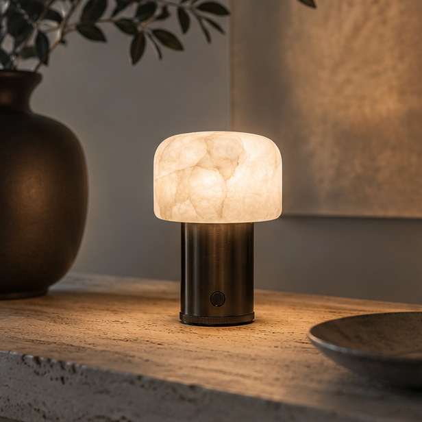 RoyaleGlow Alabaster Cordless Lamp - Modern Aluminum LED USB Rechargeable Table Lamp