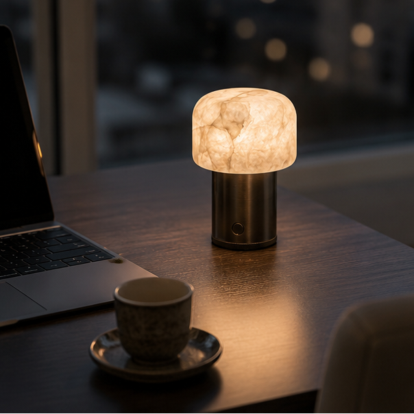 RoyaleGlow Alabaster Cordless Lamp - Modern Aluminum LED USB Rechargeable Table Lamp