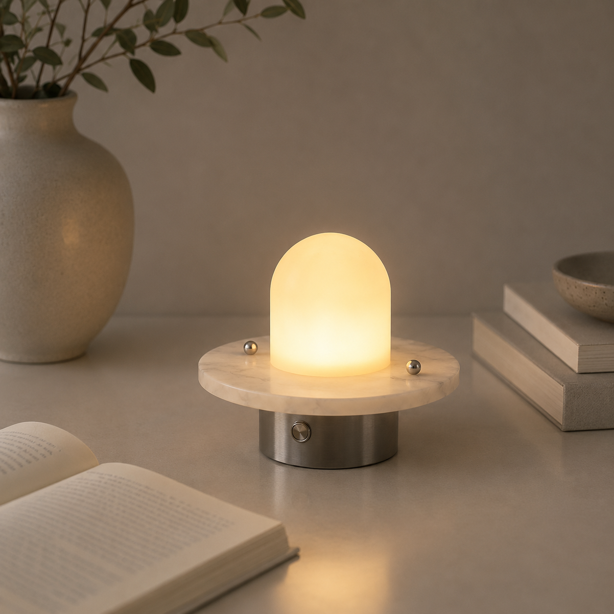 LuxRoyale Alabaster Dome Rechargeable LED Table Lamp with Stainless Steel Base