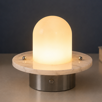 LuxRoyale Alabaster Dome Rechargeable LED Table Lamp with Stainless Steel Base