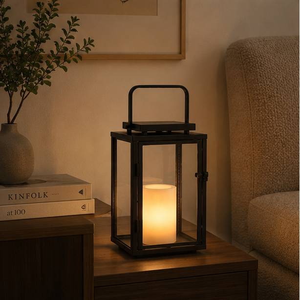 RoyaleGlow 12-Inch Solar Outdoor Lantern with Flickering LED Candle, Metal & Glass Lantern for Patio