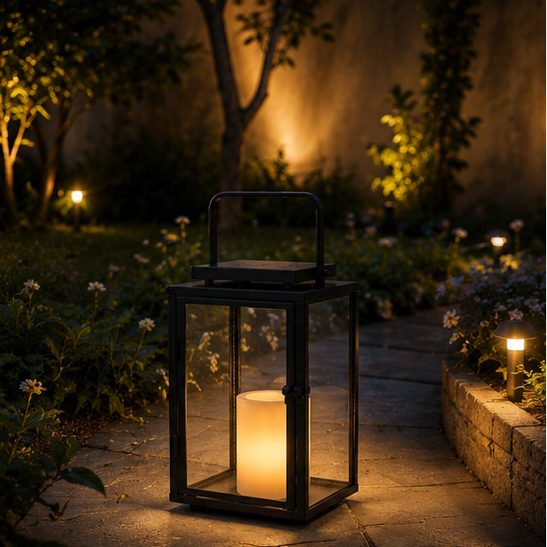 RoyaleGlow 12-Inch Solar Outdoor Lantern with Flickering LED Candle, Metal & Glass Lantern for Patio