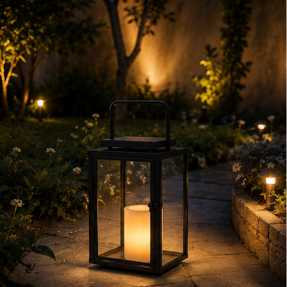 RoyaleGlow 12-Inch Solar Outdoor Lantern with Flickering LED Candle, Metal & Glass Lantern for Patio