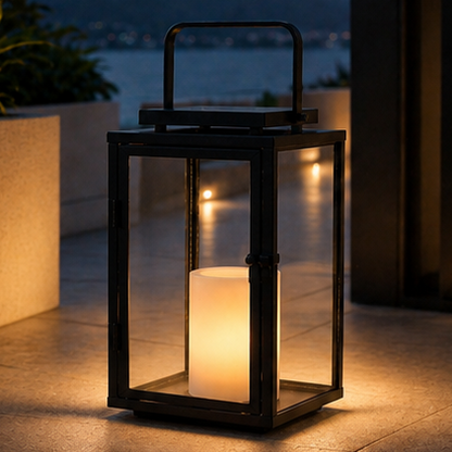 RoyaleGlow 12-Inch Solar Outdoor Lantern with Flickering LED Candle, Metal & Glass Lantern for Patio