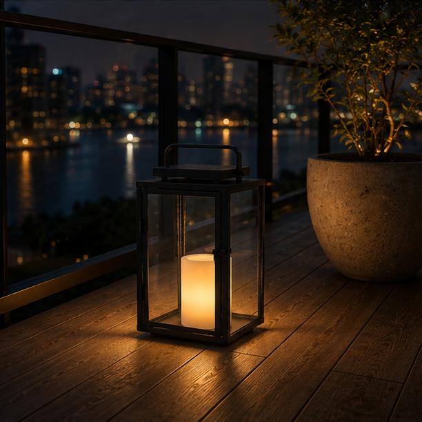 RoyaleGlow 12-Inch Solar Outdoor Lantern with Flickering LED Candle, Metal & Glass Lantern for Patio