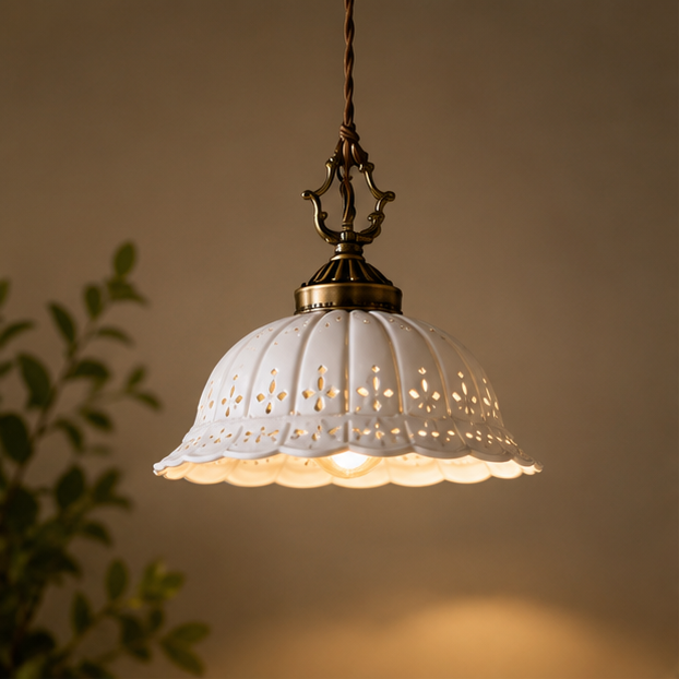 Royelux Vintage Porcelain Bell Pendant Light with Floral Cutouts and Scalloped Rim