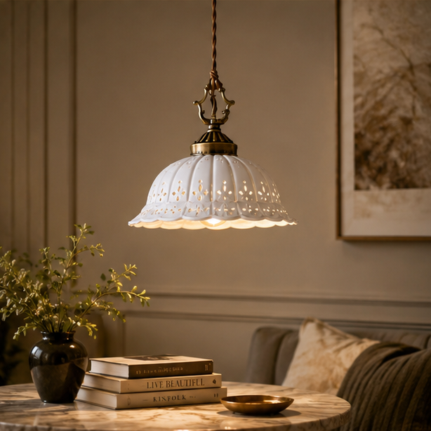 Royelux Vintage Porcelain Bell Pendant Light with Floral Cutouts and Scalloped Rim