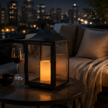 RoyaleGlow 14" Black Outdoor Solar Lantern with Flickering LED Candle & Glass Panels