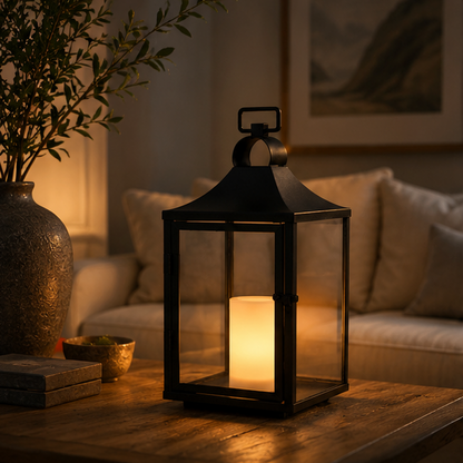 RoyaleGlow 14" Black Outdoor Solar Lantern with Flickering LED Candle & Glass Panels