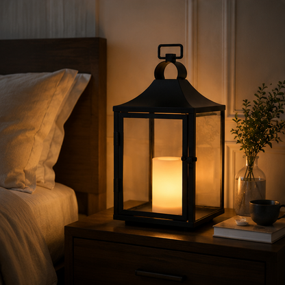 RoyaleGlow 14" Black Outdoor Solar Lantern with Flickering LED Candle & Glass Panels