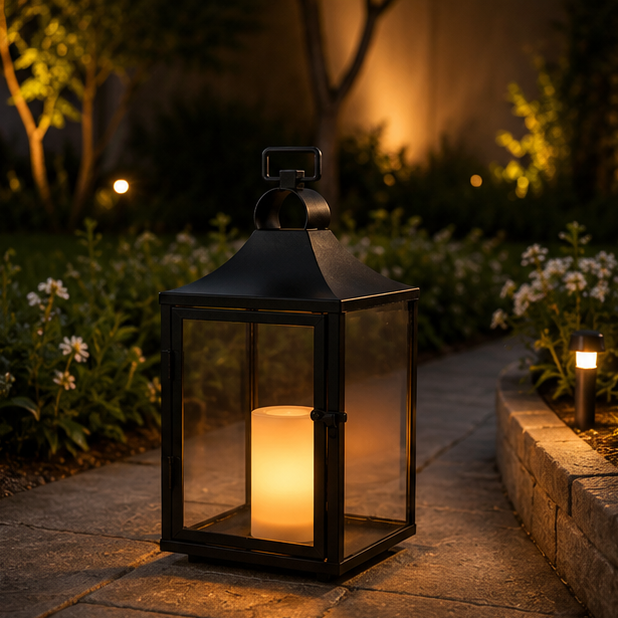 RoyaleGlow 14" Black Outdoor Solar Lantern with Flickering LED Candle & Glass Panels