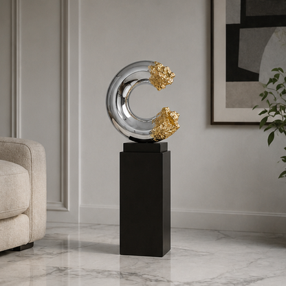 RoyaleGlow Modern Abstract Sculpture Silver & Gold Metallic Resin Art Decor 17" H