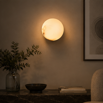 Royelux Round Alabaster Wall Sconce - Modern LED Light for Living Room, Bedroom Decor
