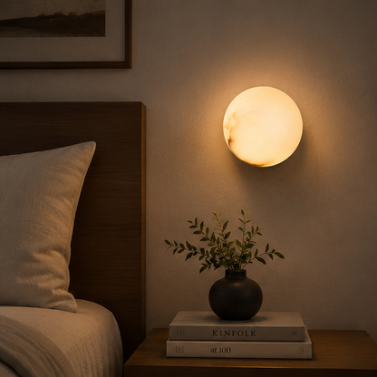 Royelux Round Alabaster Wall Sconce - Modern LED Light for Living Room, Bedroom Decor