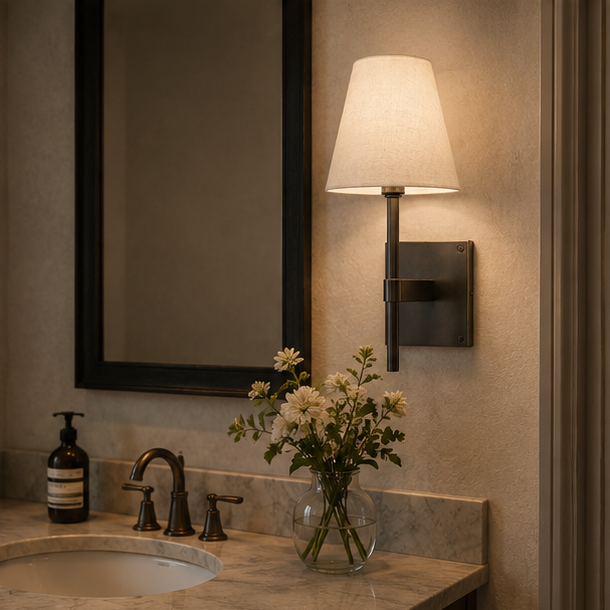 RoyaleGlow Bronze Wall Sconce with White Linen Tapered Shade for Bathroom & Hallway