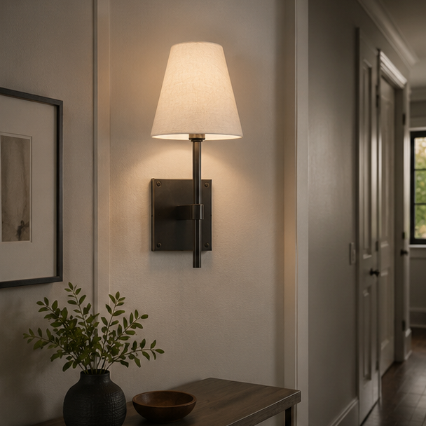 RoyaleGlow Bronze Wall Sconce with White Linen Tapered Shade for Bathroom & Hallway