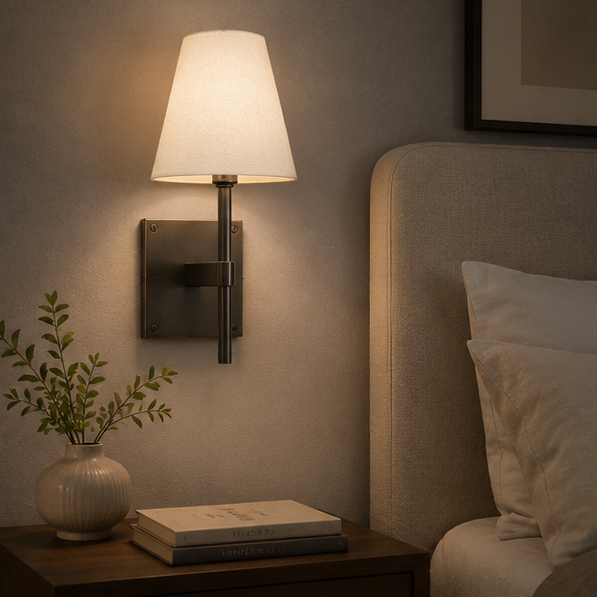 RoyaleGlow Bronze Wall Sconce with White Linen Tapered Shade for Bathroom & Hallway