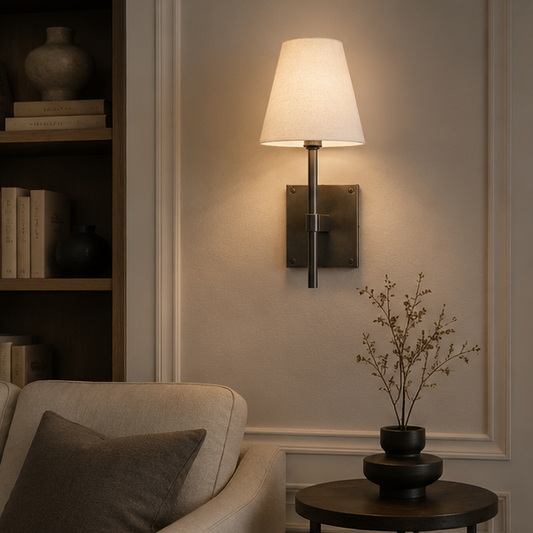 RoyaleGlow Bronze Wall Sconce with White Linen Tapered Shade for Bathroom & Hallway