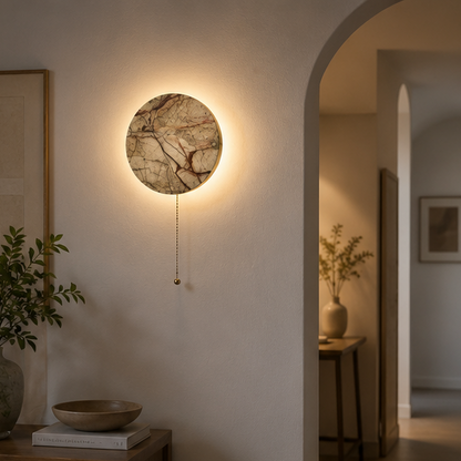 RoyaleGlow Round Marble Wall Sconce with Pull Chain Switch, Modern LED Accent Light