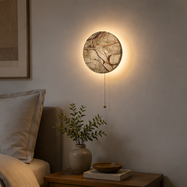 RoyaleGlow Round Marble Wall Sconce with Pull Chain Switch, Modern LED Accent Light