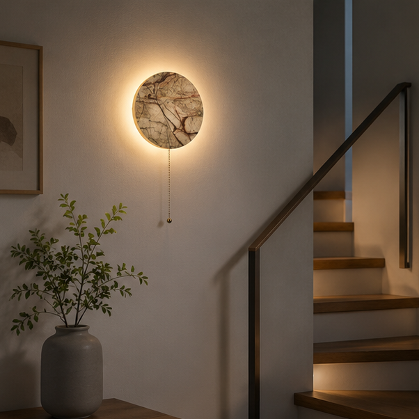 RoyaleGlow Round Marble Wall Sconce with Pull Chain Switch, Modern LED Accent Light