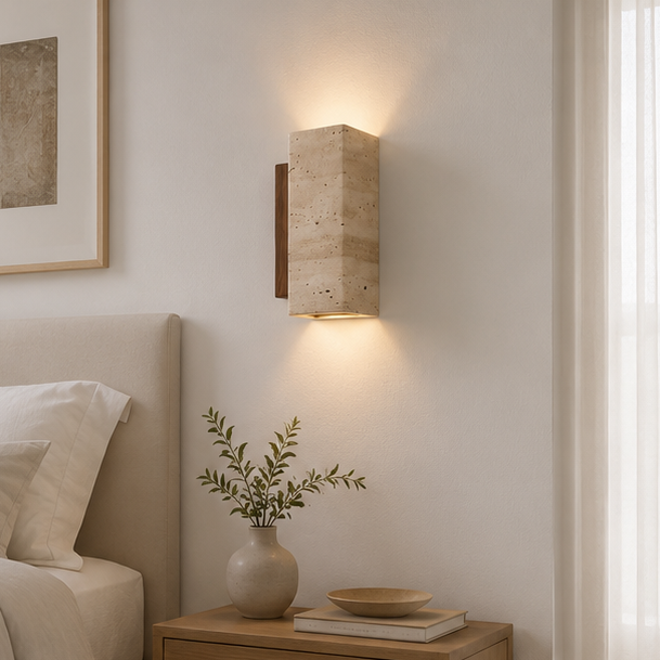 RoyaleGlow Japandi Travertine Wall Sconce - Natural Wood & Stone LED Lamp