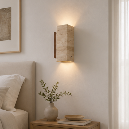 RoyaleGlow Japandi Travertine Wall Sconce - Natural Wood & Stone LED Lamp
