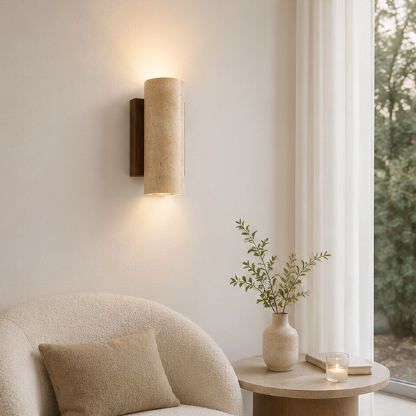 RoyaleGlow Japandi Travertine Wall Sconce - Natural Wood & Stone LED Lamp