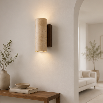 RoyaleGlow Japandi Travertine Wall Sconce - Natural Wood & Stone LED Lamp