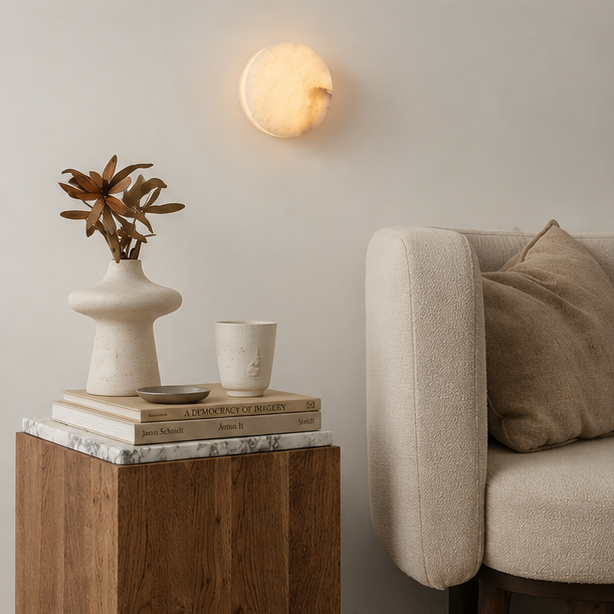RoyaleGlow Round Alabaster Wall Sconce-Modern LED Ambient Light