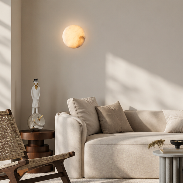 RoyaleGlow Round Alabaster Wall Sconce-Modern LED Ambient Light