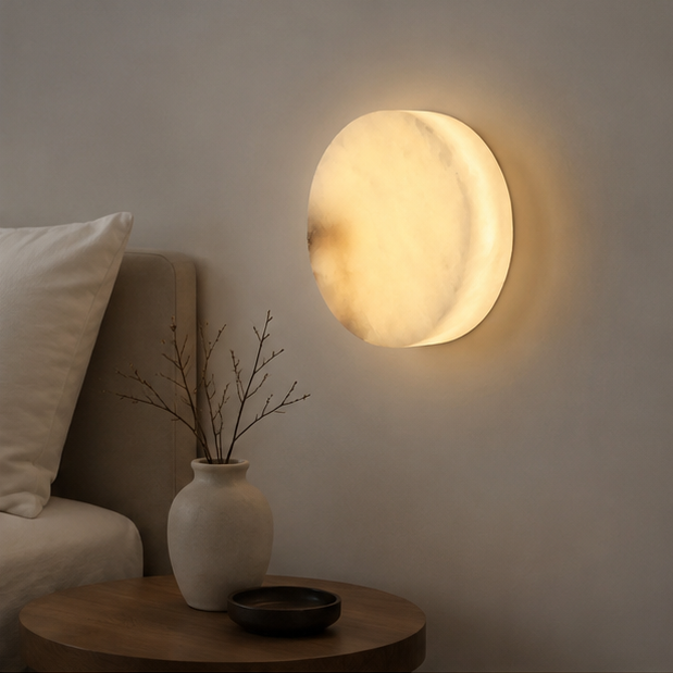 RoyaleGlow Round Alabaster Wall Sconce-Modern LED Ambient Light