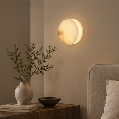 RoyaleGlow Round Alabaster Wall Sconce-Modern LED Ambient Light