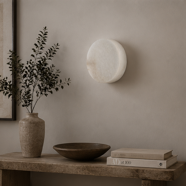 RoyaleGlow Round Alabaster Wall Sconce-Modern LED Ambient Light