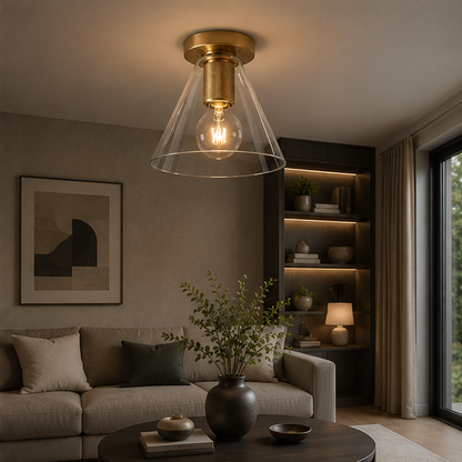 Royelux Art Deco Brass Flush Mount Ceiling Light with Clear Globe Bulb