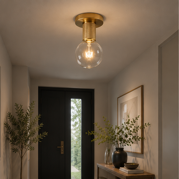 Royelux Art Deco Brass Flush Mount Ceiling Light with Clear Globe Bulb