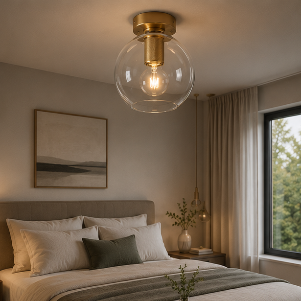 Royelux Art Deco Brass Flush Mount Ceiling Light with Clear Globe Bulb