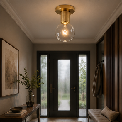 Royelux Art Deco Brass Flush Mount Ceiling Light with Clear Globe Bulb