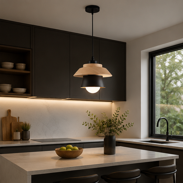Royelux Mid-Century Modern Wood & Metal LED Pendant Light for Kitchen Island