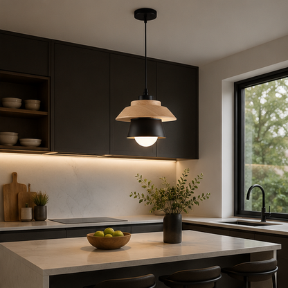 Royelux Mid-Century Modern Wood & Metal LED Pendant Light for Kitchen Island