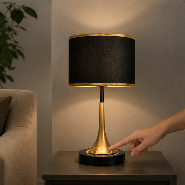 Lumora Touch-Fabric Table Lamp with Dimmable LED, Cylindrical Shade, Premium Metal Base for Bedroom