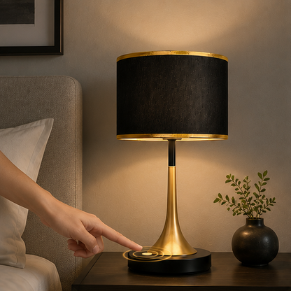 Lumora Touch-Fabric Table Lamp with Dimmable LED, Cylindrical Shade, Premium Metal Base for Bedroom