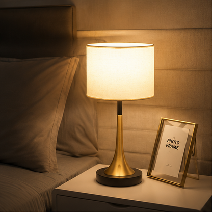 Lumora Touch-Fabric Table Lamp with Dimmable LED, Cylindrical Shade, Premium Metal Base for Bedroom