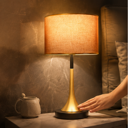 Lumora Touch-Fabric Table Lamp with Dimmable LED, Cylindrical Shade, Premium Metal Base for Bedroom