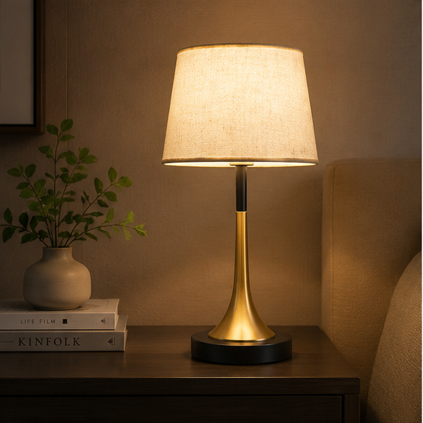 Lumora Touch-Fabric Table Lamp with Dimmable LED, Cylindrical Shade, Premium Metal Base for Bedroom