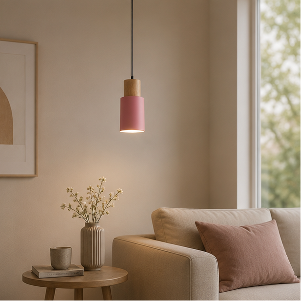 Royelux Modern Wood & Metal Cylinder Pendant Light - Minimalist Task Lighting
