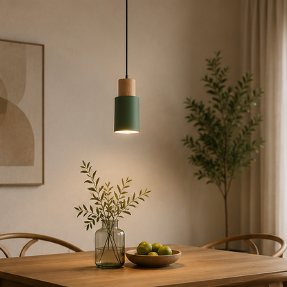 Royelux Modern Wood & Metal Cylinder Pendant Light - Minimalist Task Lighting