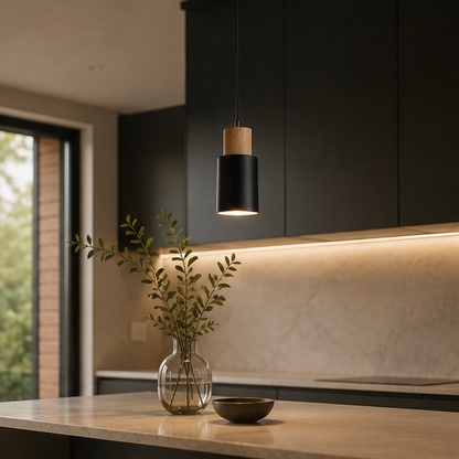 Royelux Modern Wood & Metal Cylinder Pendant Light - Minimalist Task Lighting